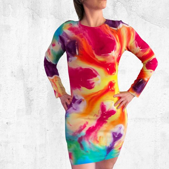 Ice Dyed Bodycon Dress - Long-sleeve Night Out - Rock meets Boho Women's Large - Picture 3 of 11